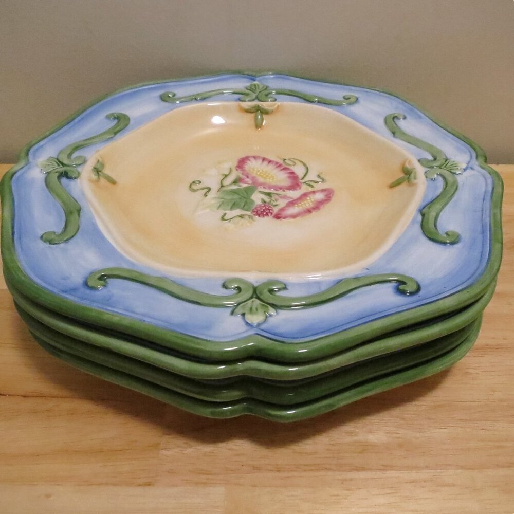 Fitz & Floyd 11.25" Dinner Plate X4 Halcyon Pink Floral Blue Trim Hand-Painted